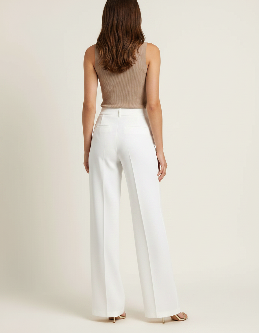 Pantalon Fluide Blanc Taille Haute Droit Élégant Femme - Polyester - vue 2