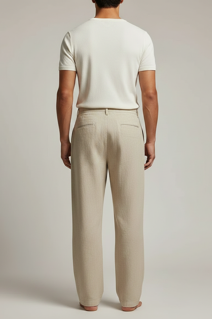 Pantalon Fluide Beige Lin Ample Plissé Décontracté Homme - vue 2