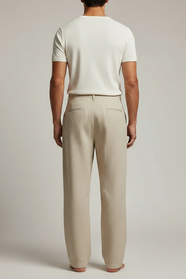 Pantalon Fluide Beige Lin Ample Plissé Décontracté Homme - vue 2