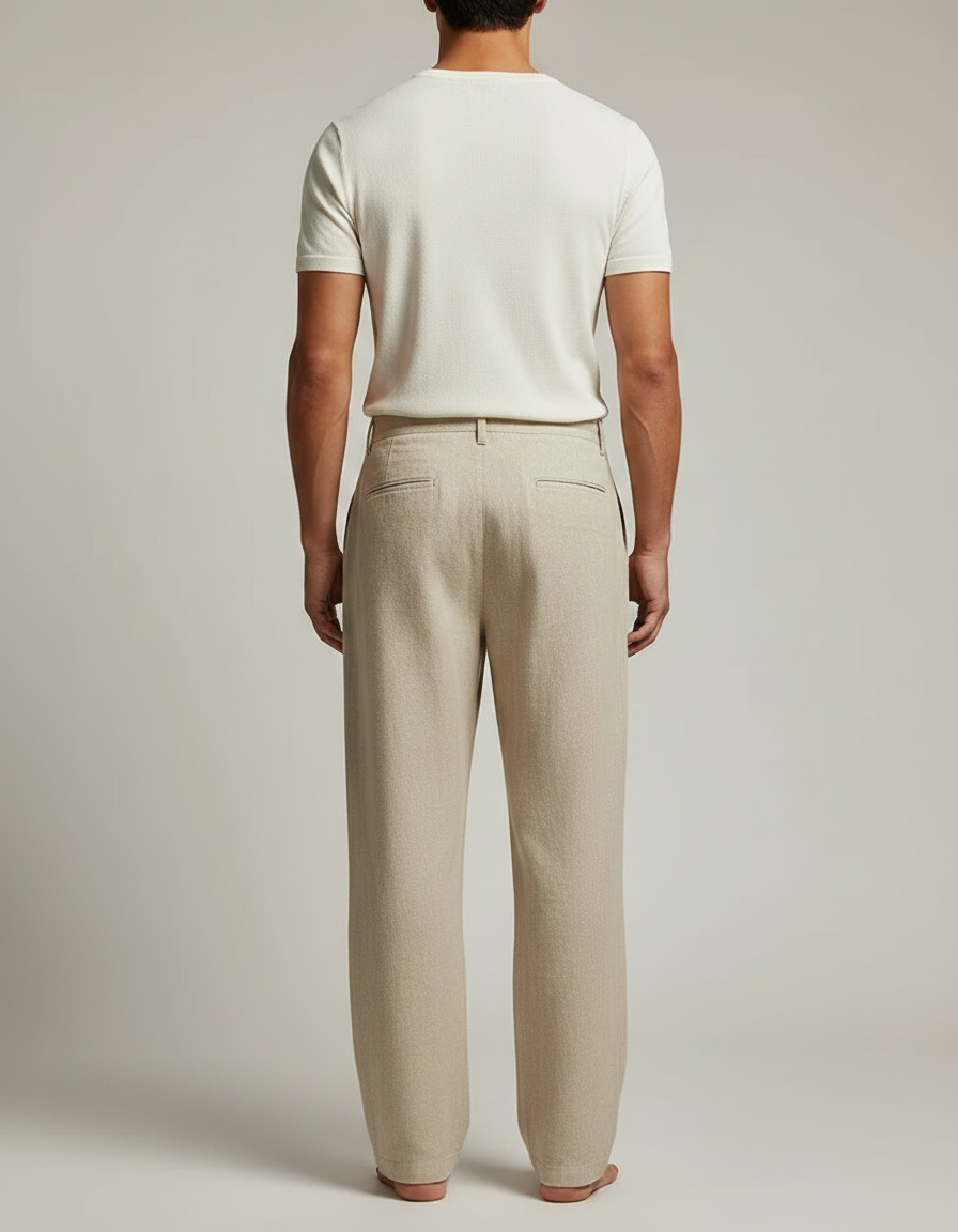 Pantalon Fluide Beige Lin Ample Plissé Décontracté Homme - vue 2