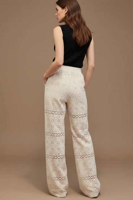 Pantalon Fluide Écru Brodé Ample Bohème Femme - Beige Coton - vue 2