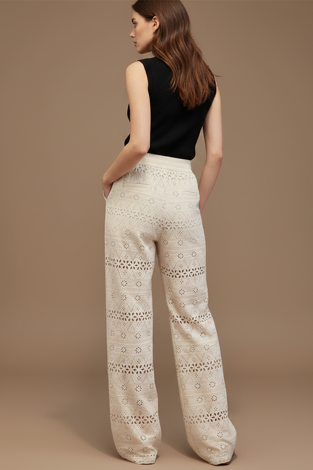 Pantalon Fluide Écru Brodé Ample Bohème Femme - Beige Coton - vue 2