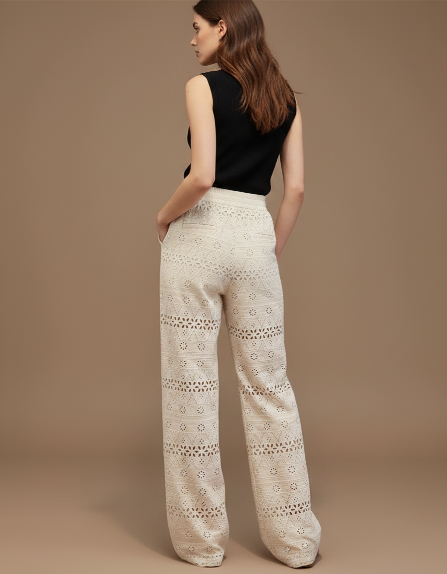 Pantalon Fluide Écru Brodé Ample Bohème Femme - Beige Coton - vue 2