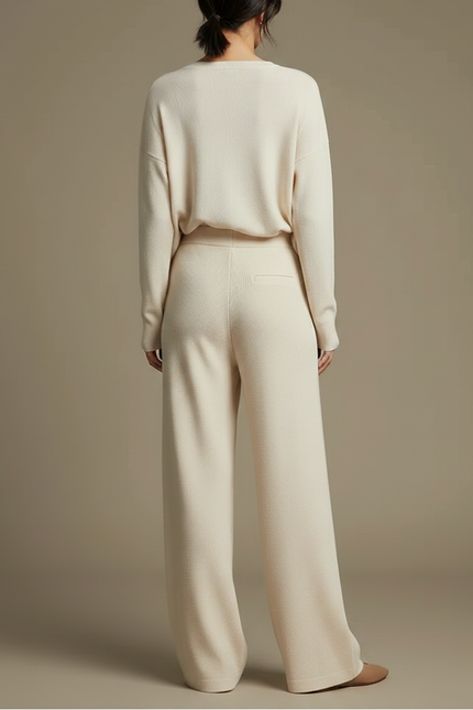 Pantalon Fluide Crème Maille Ample Confortable Évasé - Beige - vue 2