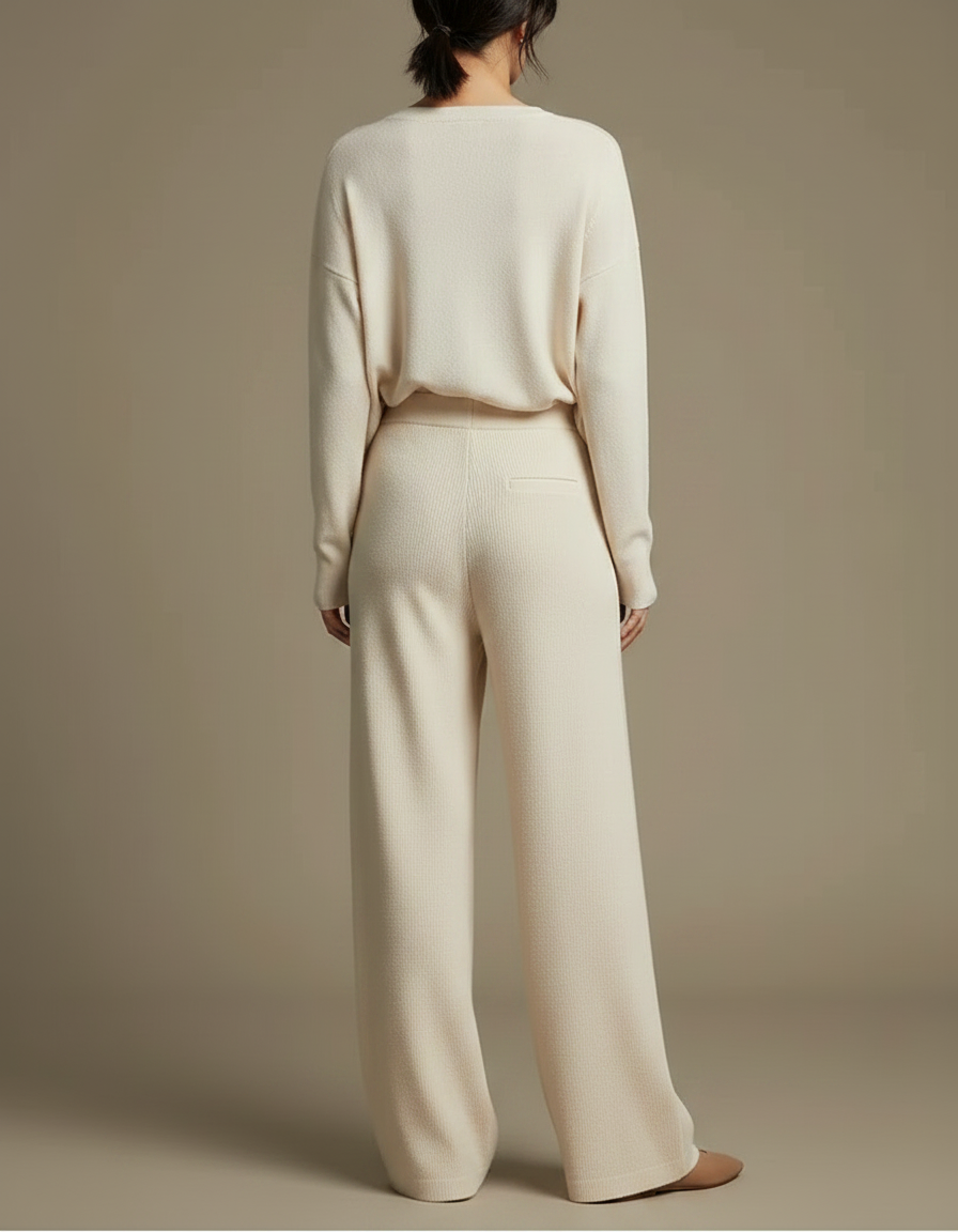 Pantalon Fluide Crème Maille Ample Confortable Évasé - Beige - vue 2