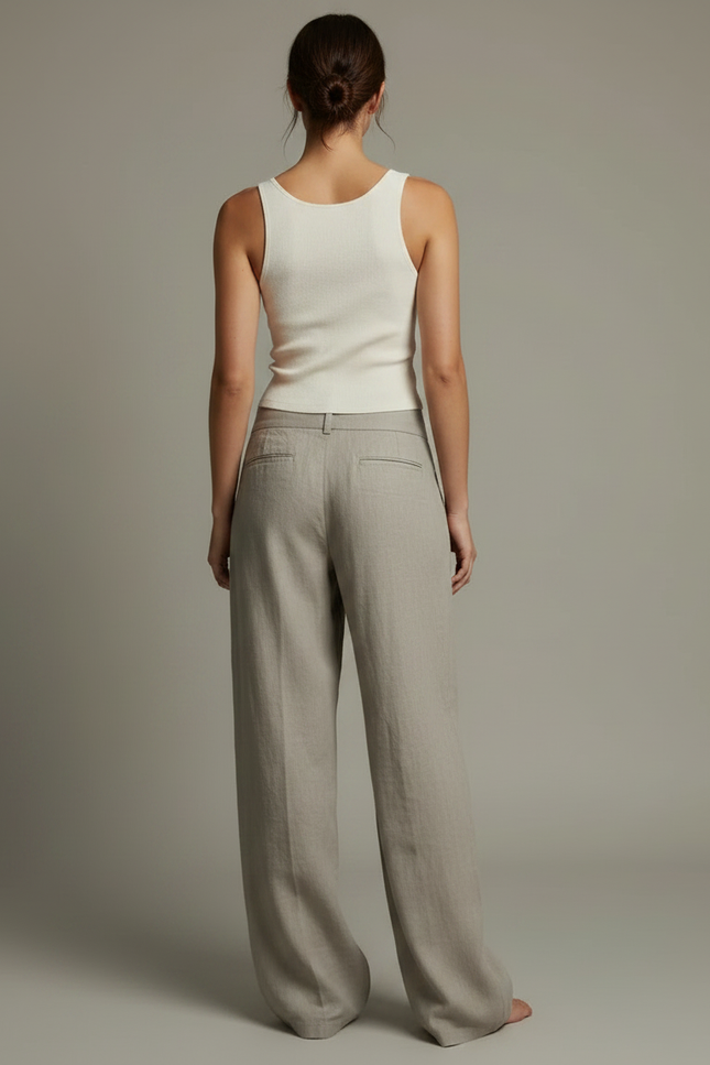 Pantalon Fluide Taille Basse Femme - Beige Lin - vue 2