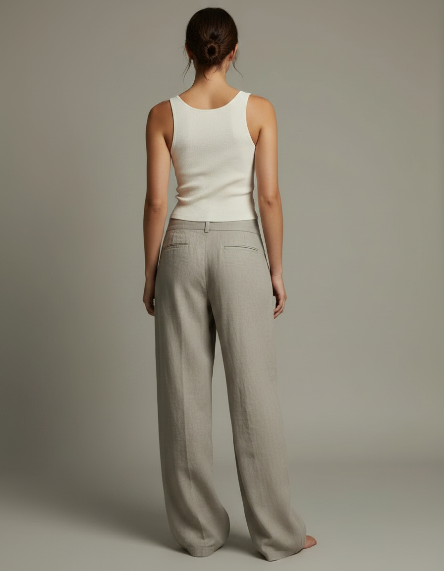 Pantalon Fluide Taille Basse Femme - Beige Lin - vue 2