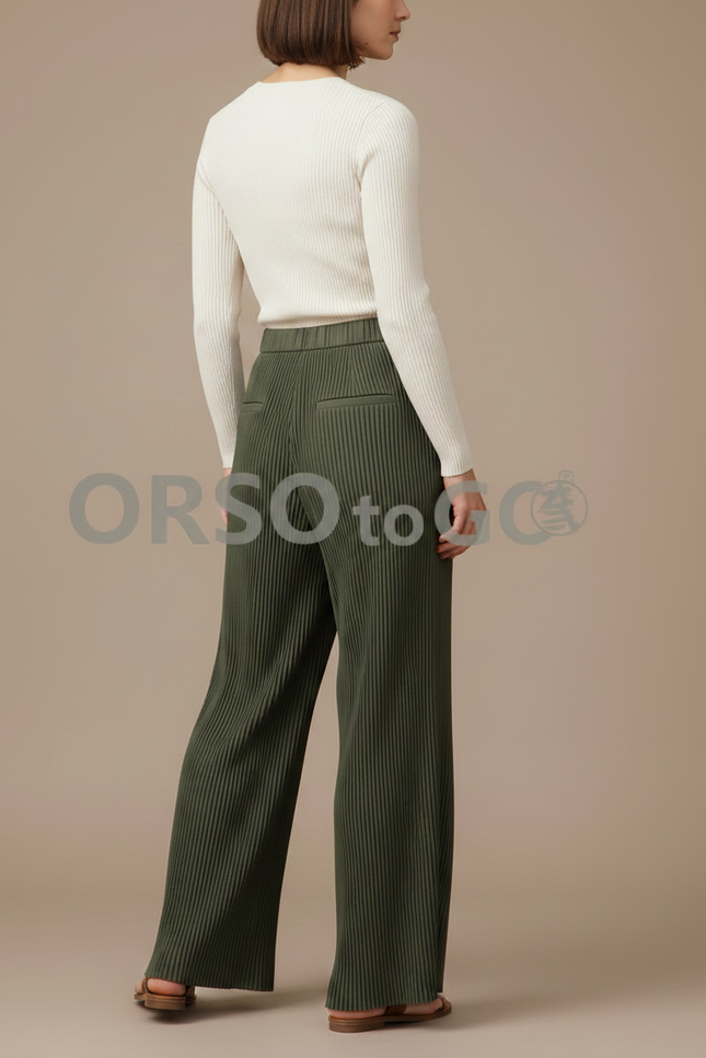 Pantalon Fluide Plissé Vert Ample Décontracté Femme - Kaki Polyester - vue 2