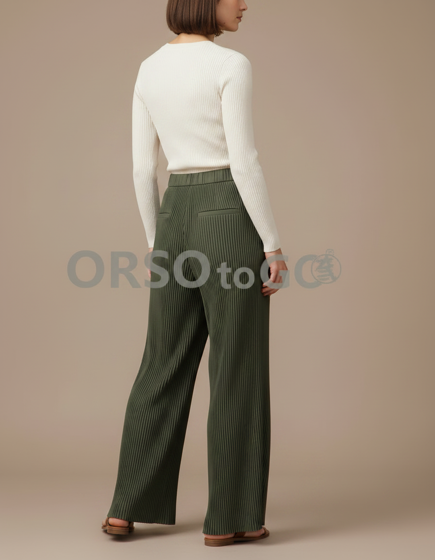 Pantalon Fluide Plissé Vert Ample Décontracté Femme - Kaki Polyester - vue 2