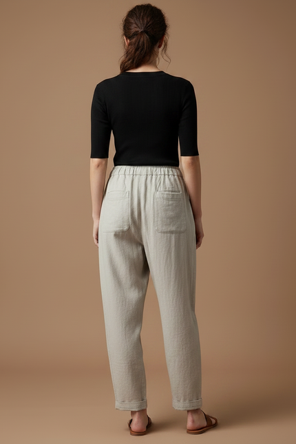 Pantalon Fluide Écru Ample Plissé Taille Haute Femme - Beige Lin - vue 2