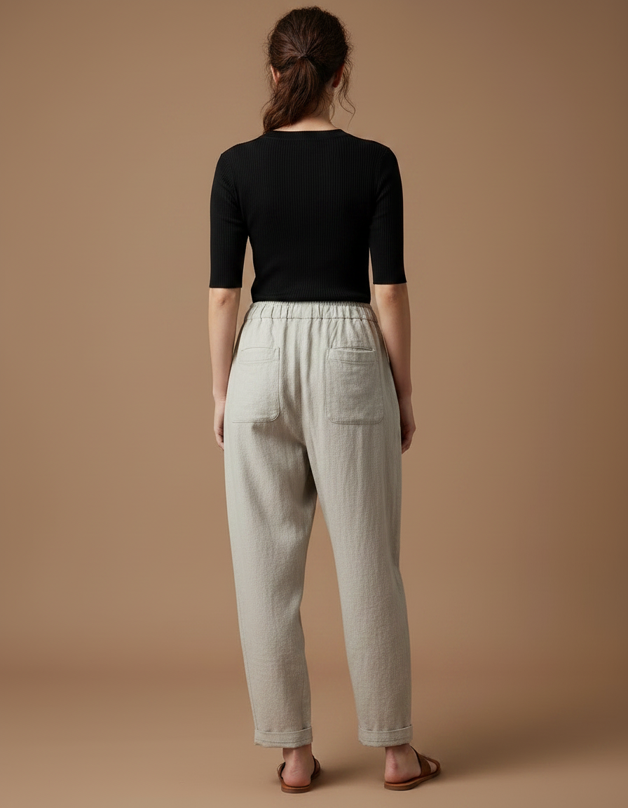 Pantalon Fluide Écru Ample Plissé Taille Haute Femme - Beige Lin - vue 2