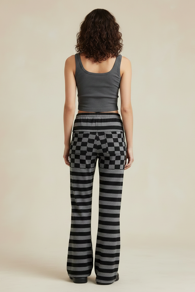 Pantalon Fluide Noir Gris Rayé Carreaux Évasé Décontracté - Multicolore Maille - vue 2