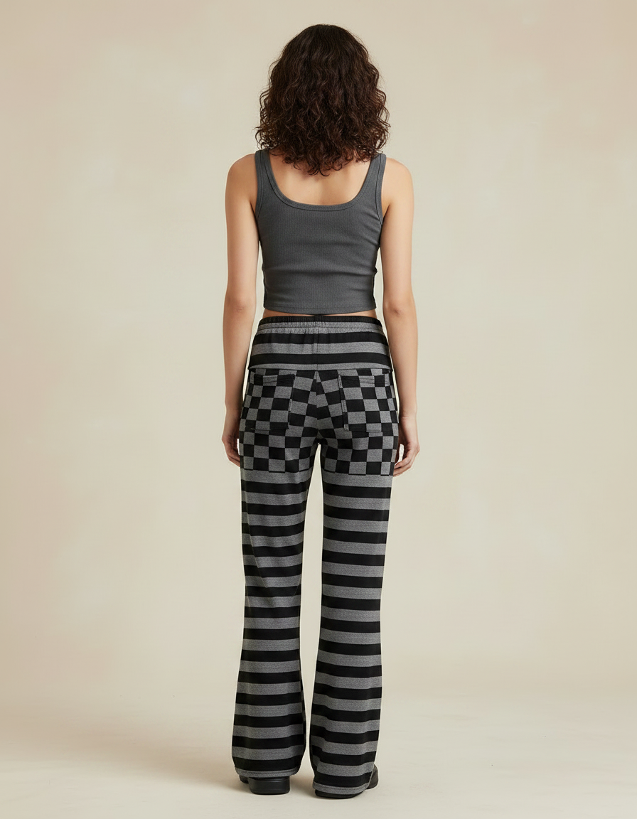 Pantalon Fluide Noir Gris Rayé Carreaux Évasé Décontracté - Multicolore Maille - vue 2