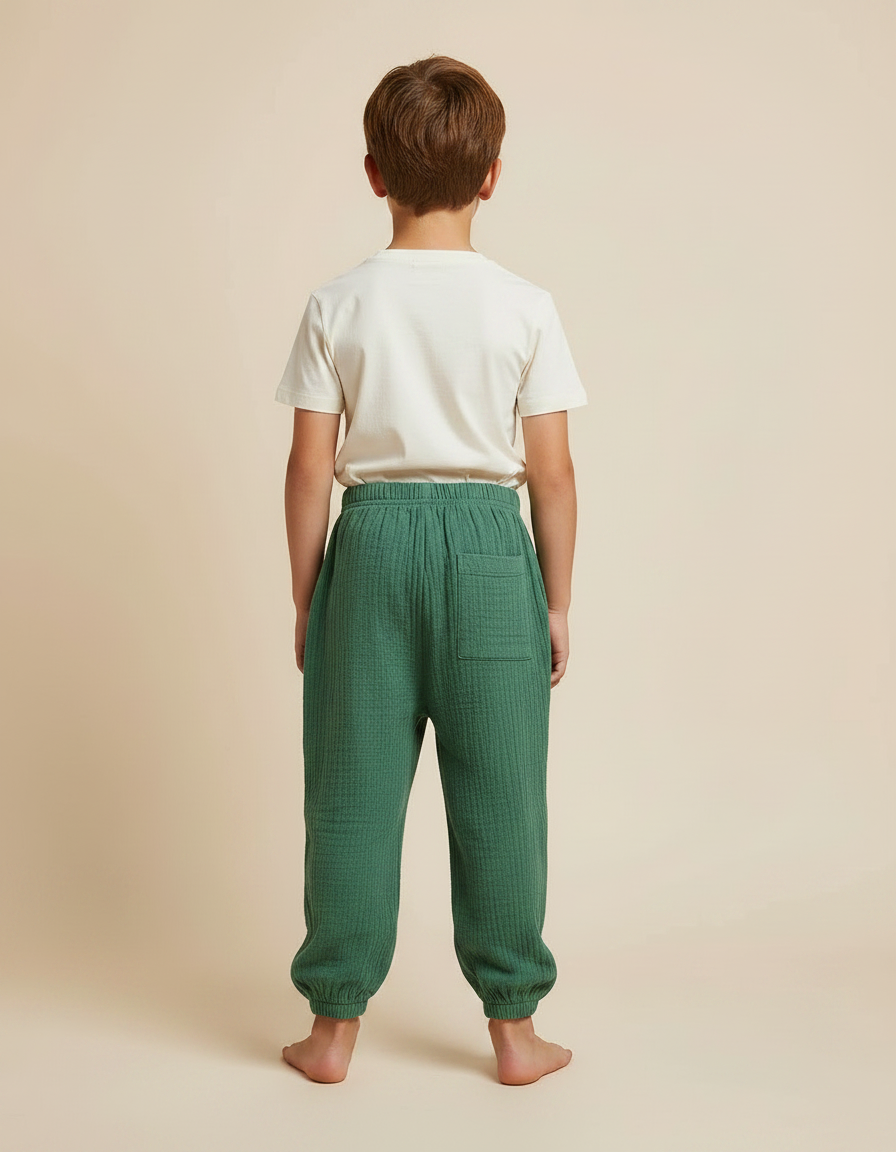 Pantalon Fluide Vert Ample Gaze Coton Confortable Enfant - vue 2