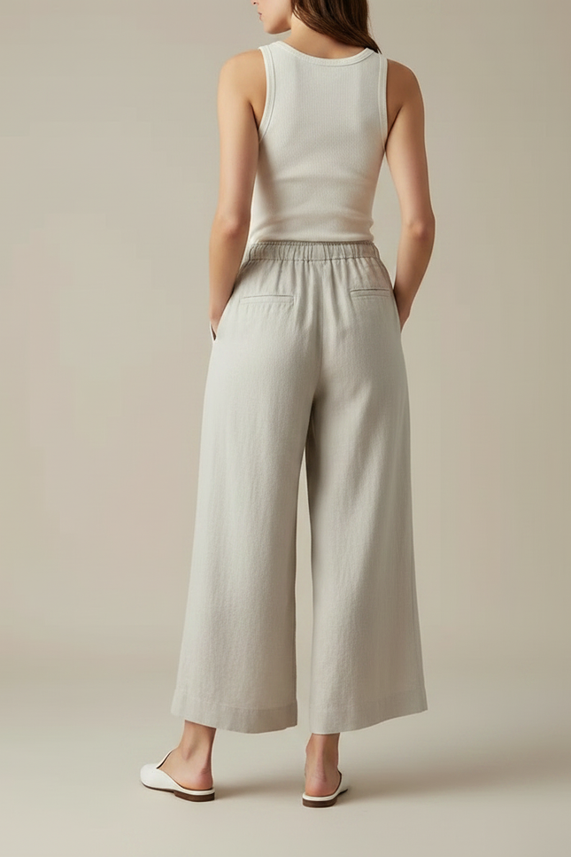 Pantalon Fluide Gris Lin Ample Taille Haute Décontracté - vue 2