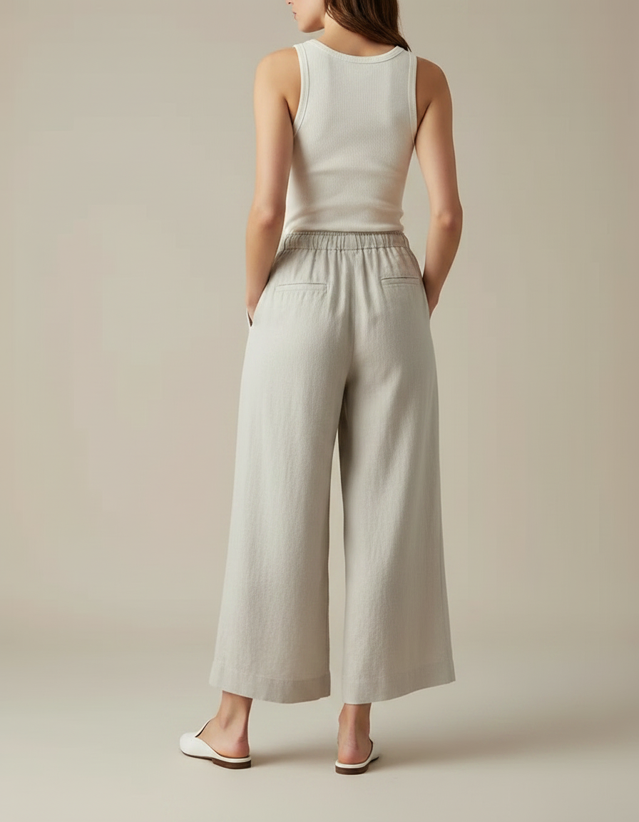 Pantalon Fluide Gris Lin Ample Taille Haute Décontracté - vue 2