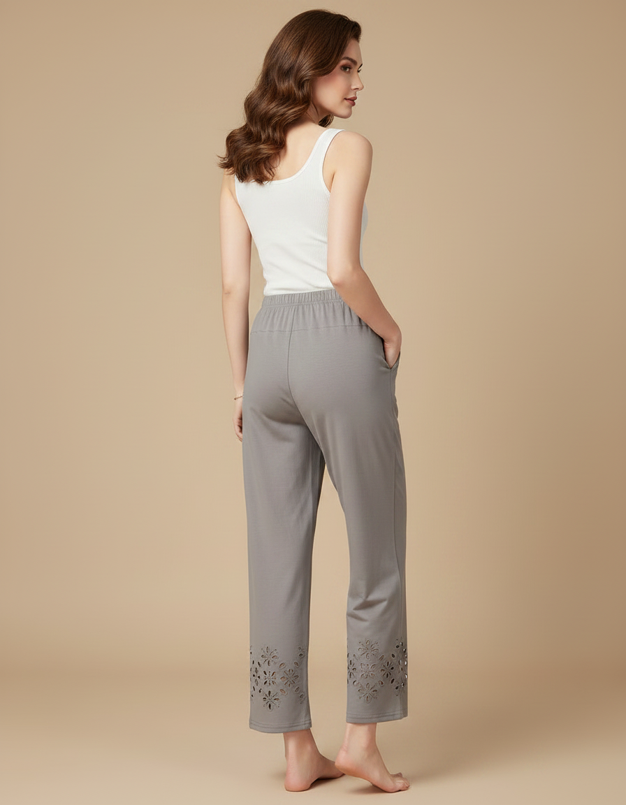 Pantalon Fluide Gris Ample Découpé Cheville Décontracté - Viscose - vue 2