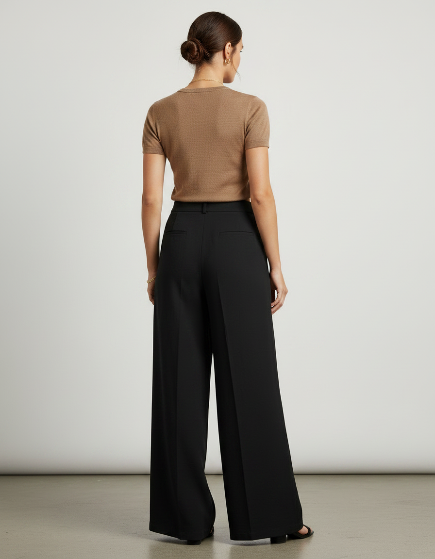 Pantalon Fluide Noir Ample Taille Haute Pince Élégant - Viscose - vue 2