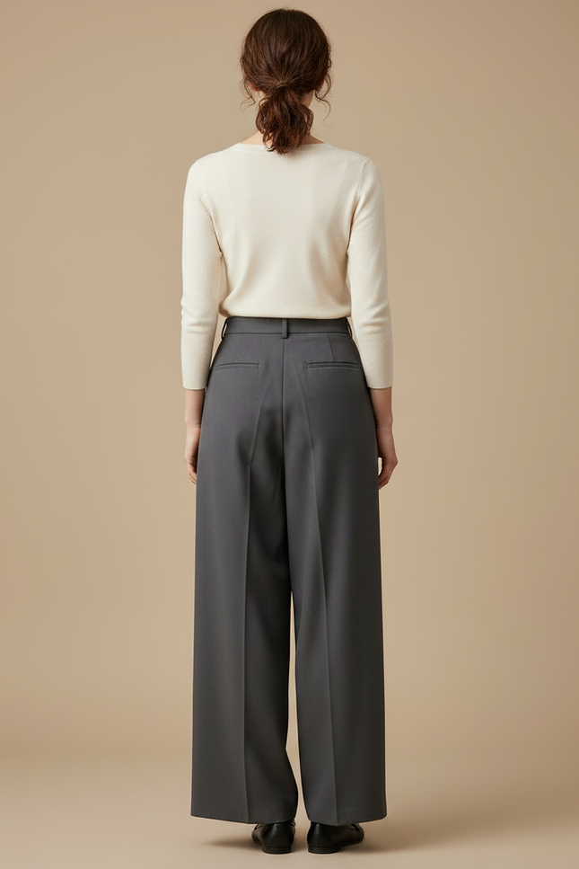 Pantalon Fluide Gris Ample Plissé Élégant Décontracté Femme - Gabardine - vue 2