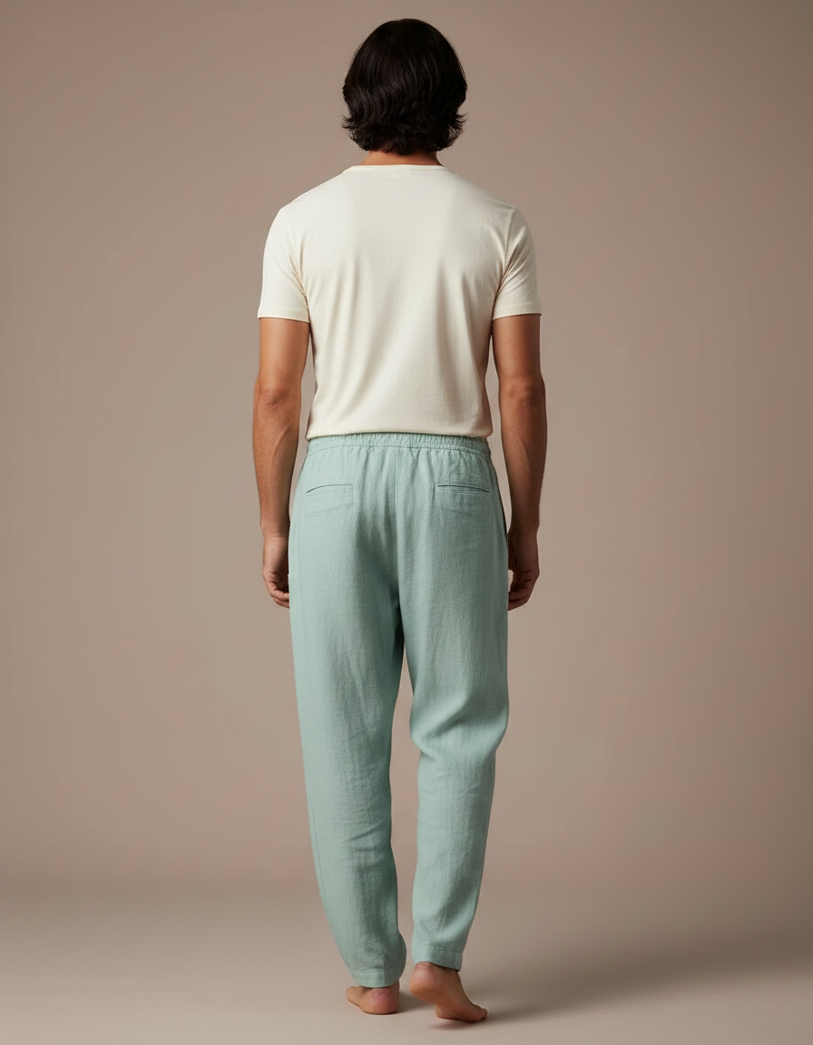 Pantalon Fluide Vert Lin Ample Homme Décontracté - vue 2