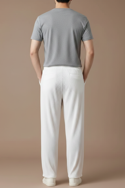 Pantalon Fluide Blanc Plissé Droit Décontracté Homme - Polyester - vue 2