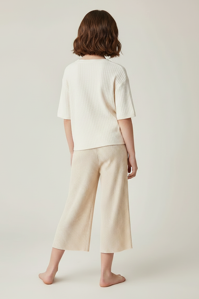 Pantalon Fluide Écru Côtelé Ample Décontracté Enfant - Beige Maille - vue 2