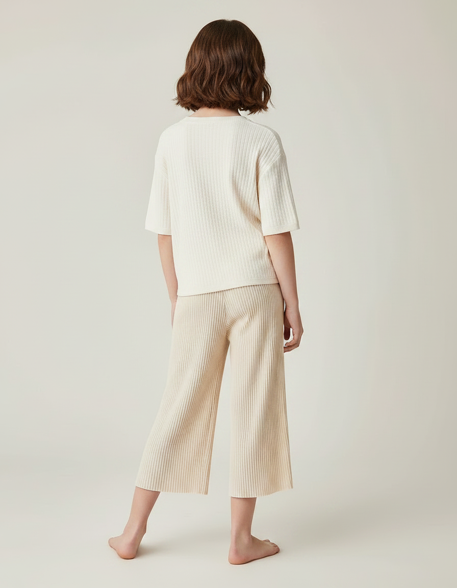 Pantalon Fluide Écru Côtelé Ample Décontracté Enfant - Beige Maille - vue 2