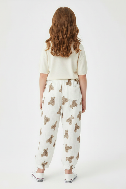 Pantalon Fluide Blanc Imprimé Oursons Enfant - Coton - vue 2
