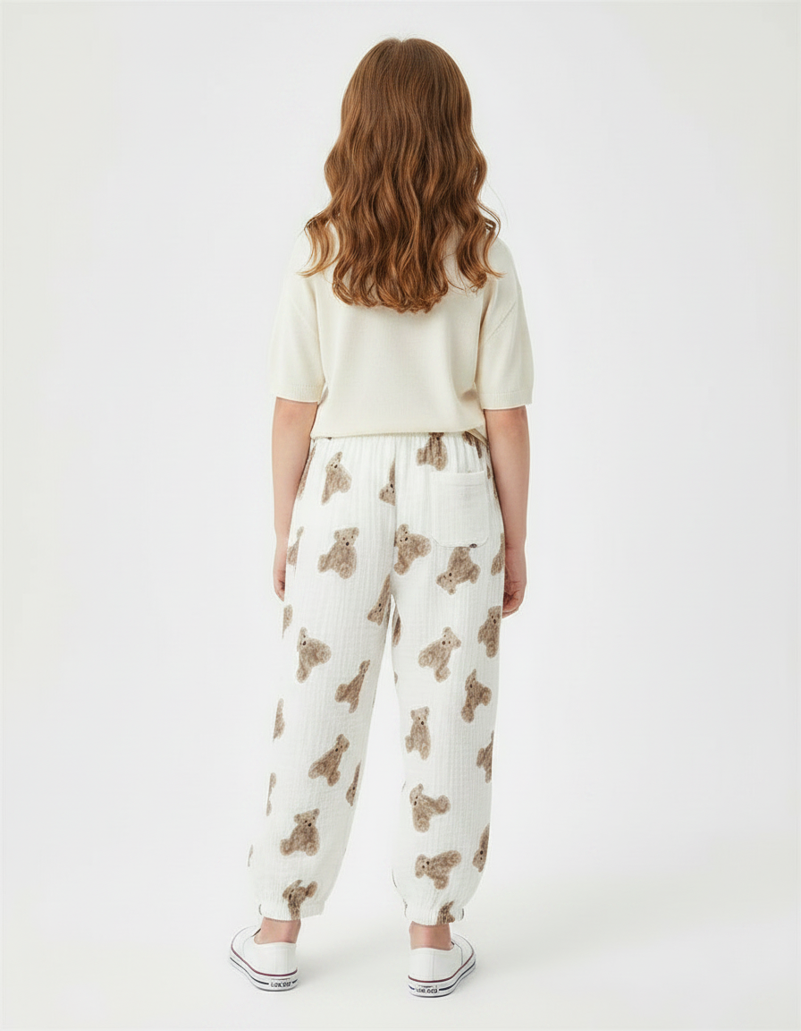 Pantalon Fluide Blanc Imprimé Oursons Enfant - Coton - vue 2