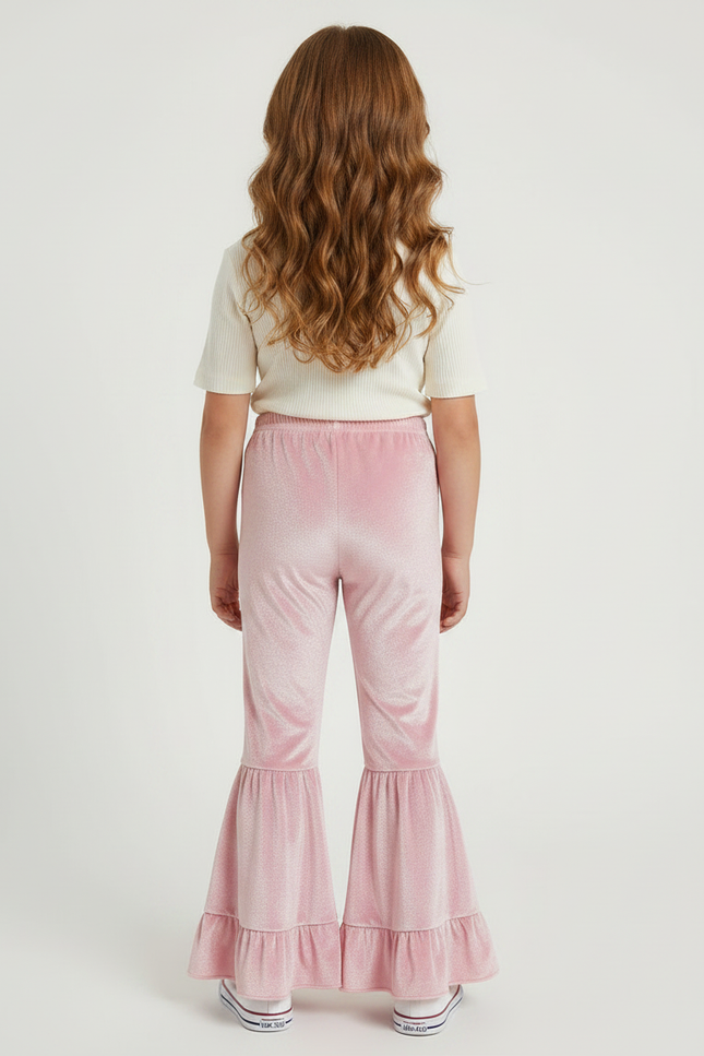 Pantalon Fluide Rose Velours Évasé Volants Brillant - vue 2