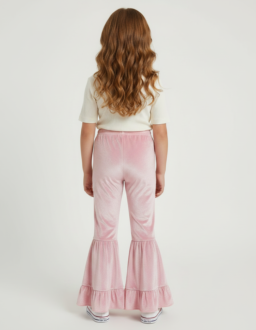 Pantalon Fluide Rose Velours Évasé Volants Brillant - vue 2
