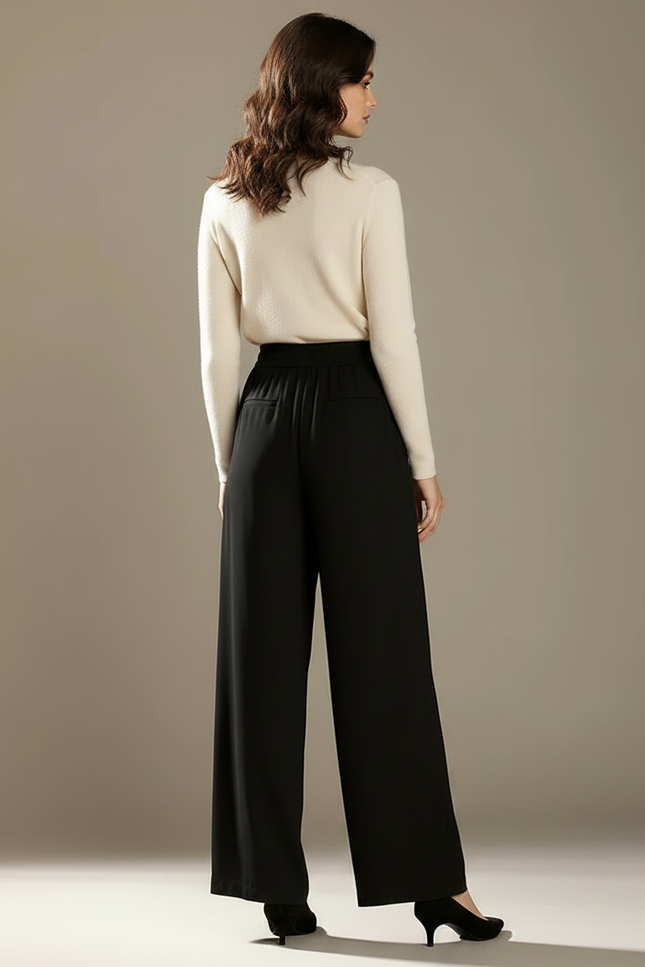 Pantalon Fluide Noir Ample Taille Haute Casual Élégant - Polyester - vue 2