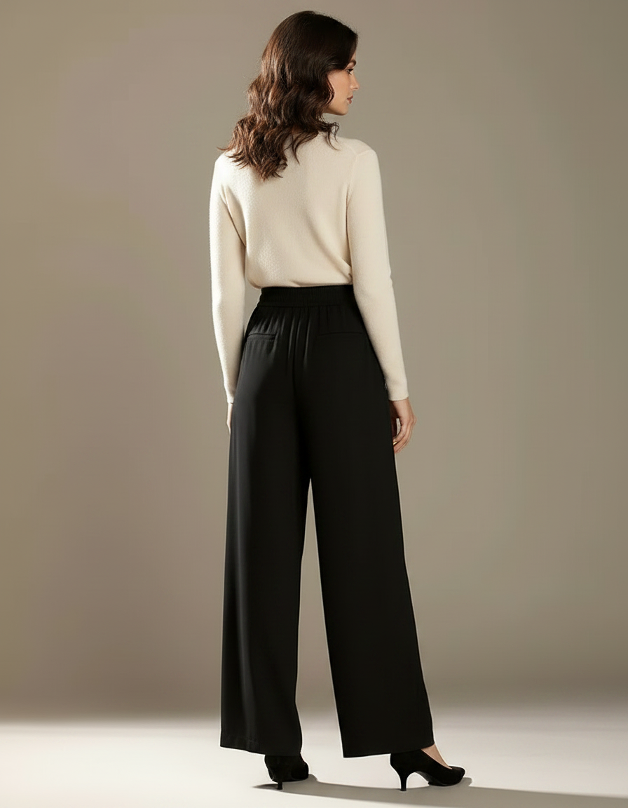 Pantalon Fluide Noir Ample Taille Haute Casual Élégant - Polyester - vue 2
