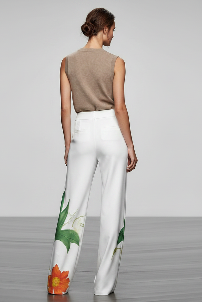 Pantalon Fluide Blanc Imprimé Floral Ample Élégant - Viscose - vue 2