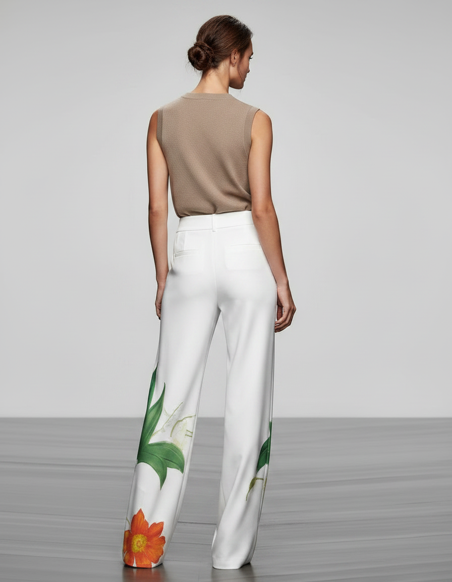 Pantalon Fluide Blanc Imprimé Floral Ample Élégant - Viscose - vue 2