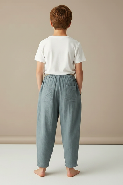 Pantalon Fluide Vert Lin Coton Ample Décontracté - vue 2