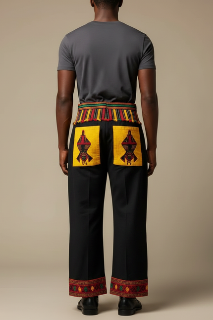 Pantalon Fluide Noir Ample Motifs Ethniques Jaunes - Multicolore Coton - vue 2