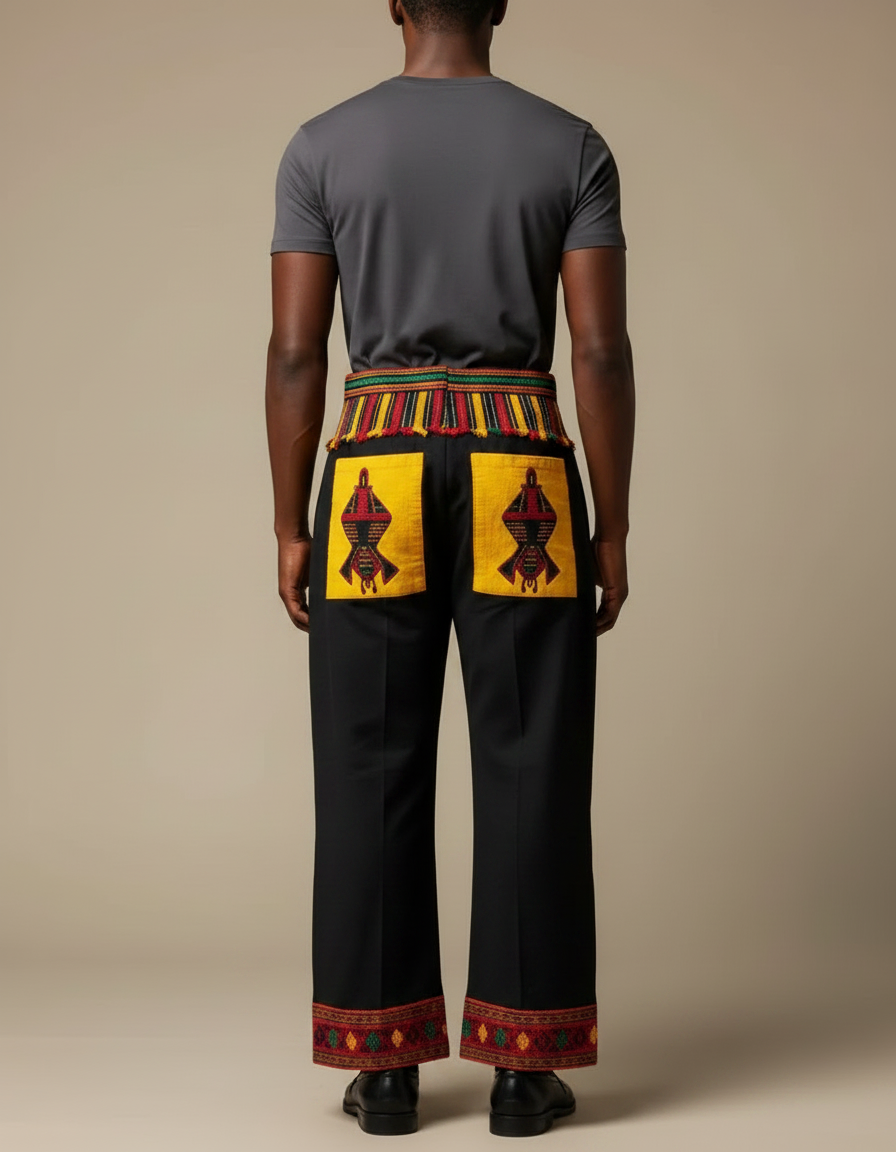 Pantalon Fluide Noir Ample Motifs Ethniques Jaunes - Multicolore Coton - vue 2
