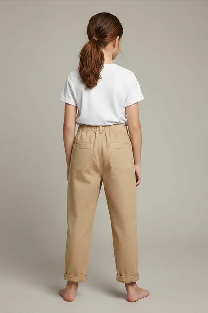 Pantalon Fluide Fille Beige Coupe Ample - Gabardine - vue 2