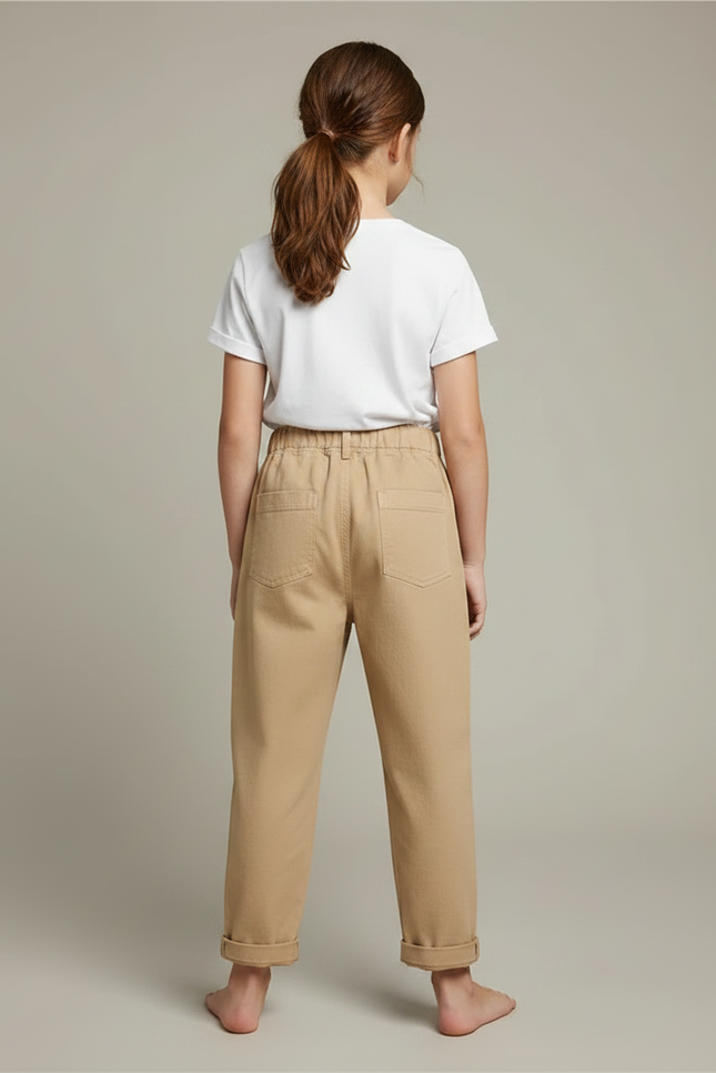 Pantalon Fluide Fille Beige Coupe Ample - Gabardine - vue 2