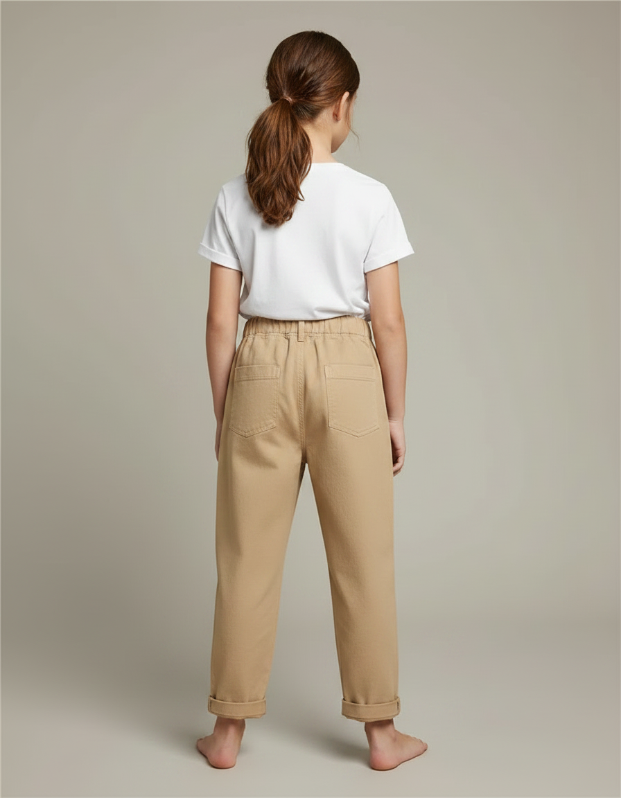 Pantalon Fluide Fille Beige Coupe Ample - Gabardine - vue 2