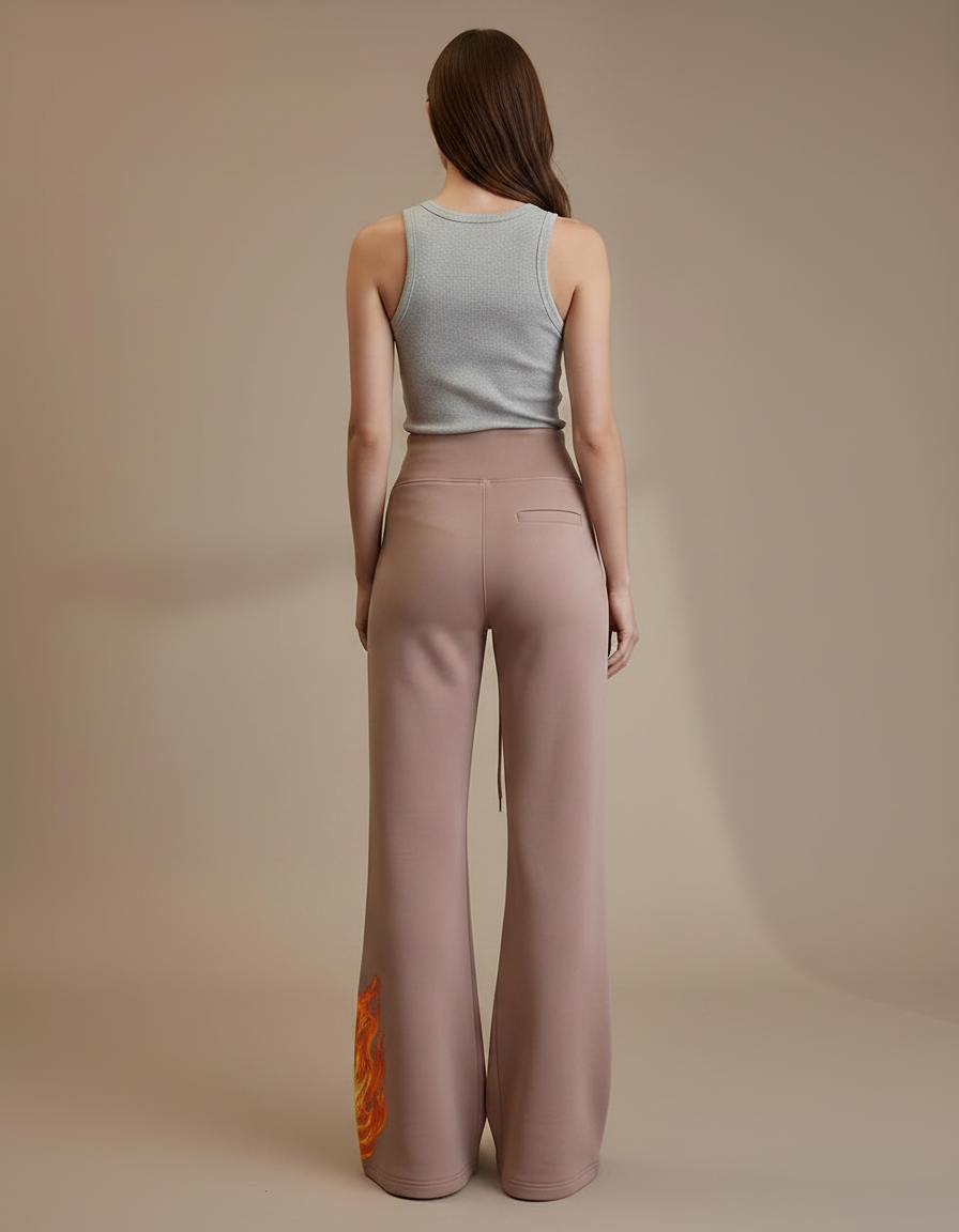Pantalon Fluide Rose Flammé Taille Haute Confortable Évasé - Molleton - vue 2