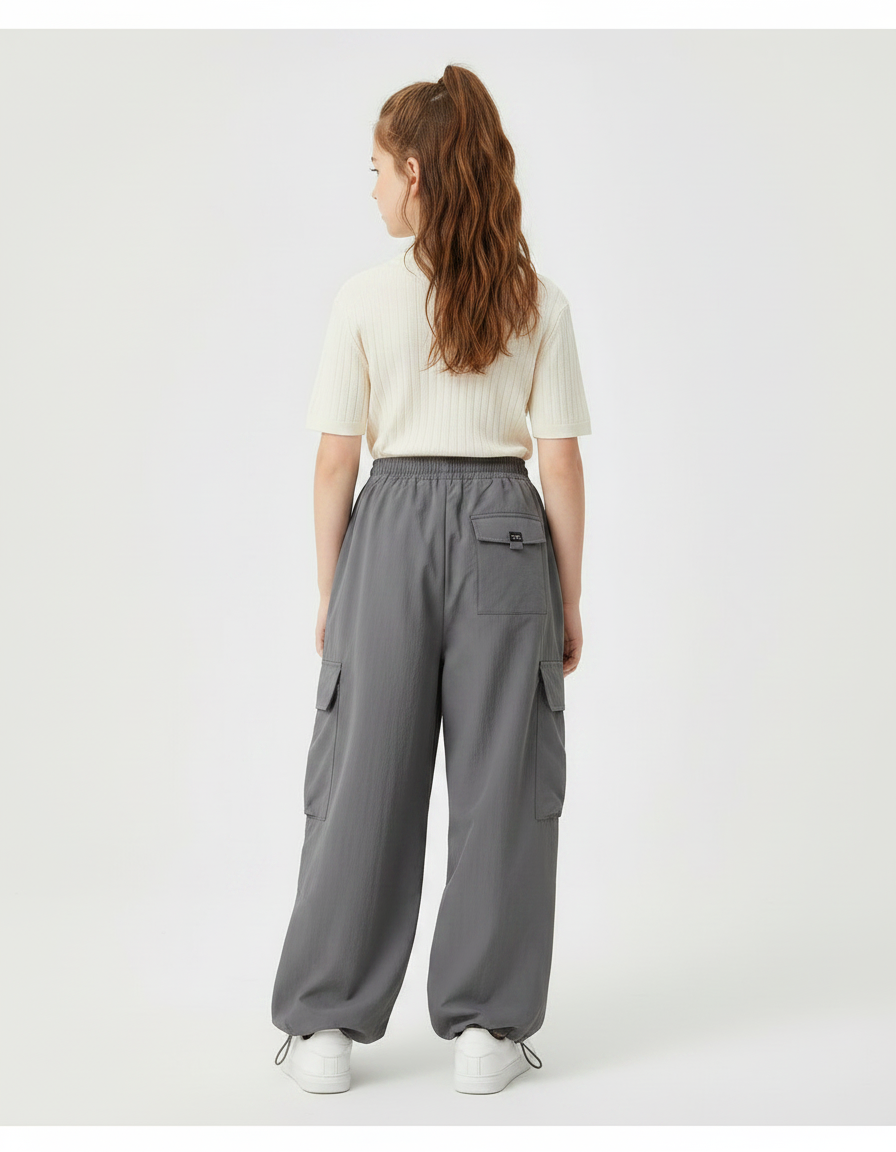 Pantalon Fluide Cargo Gris Ample Décontracté Fille - Polyester - vue 2