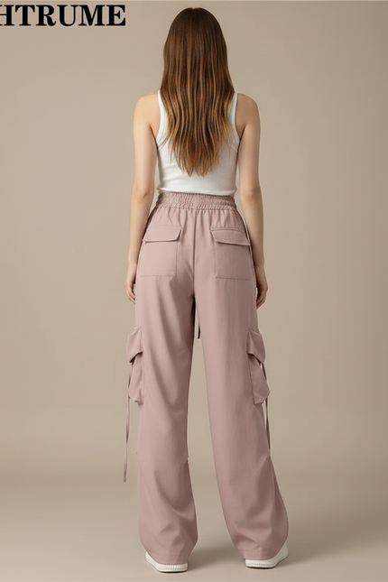 Pantalon Fluide Cargo Rose Ample Taille Haute - Polyester - vue 2