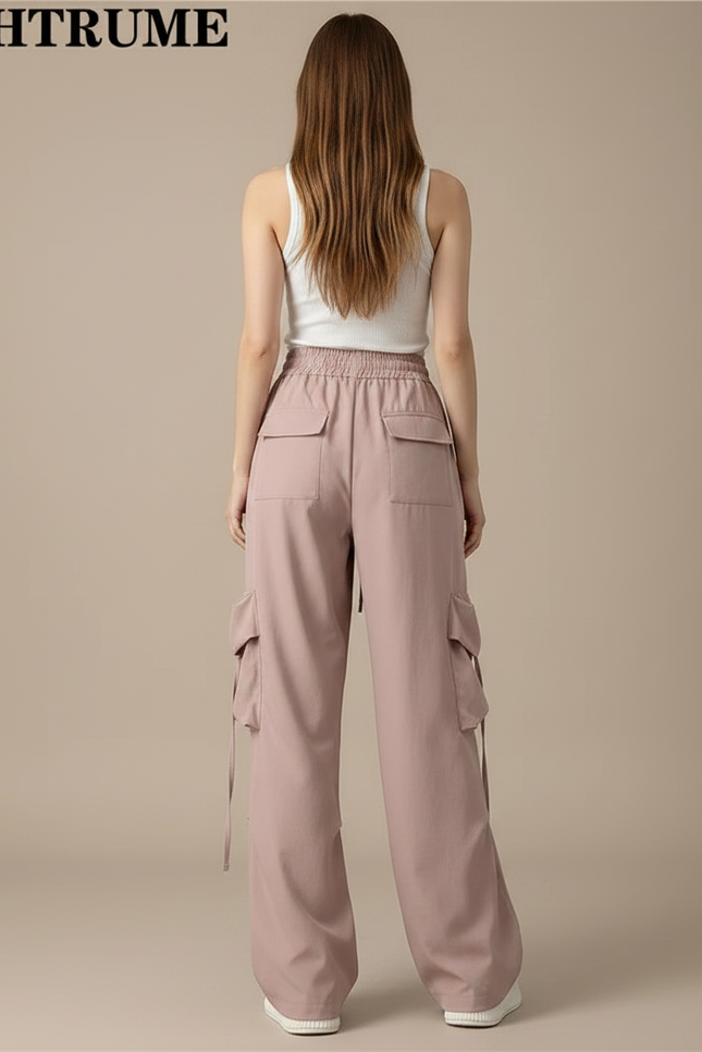 Pantalon Fluide Cargo Rose Ample Taille Haute - Polyester - vue 2