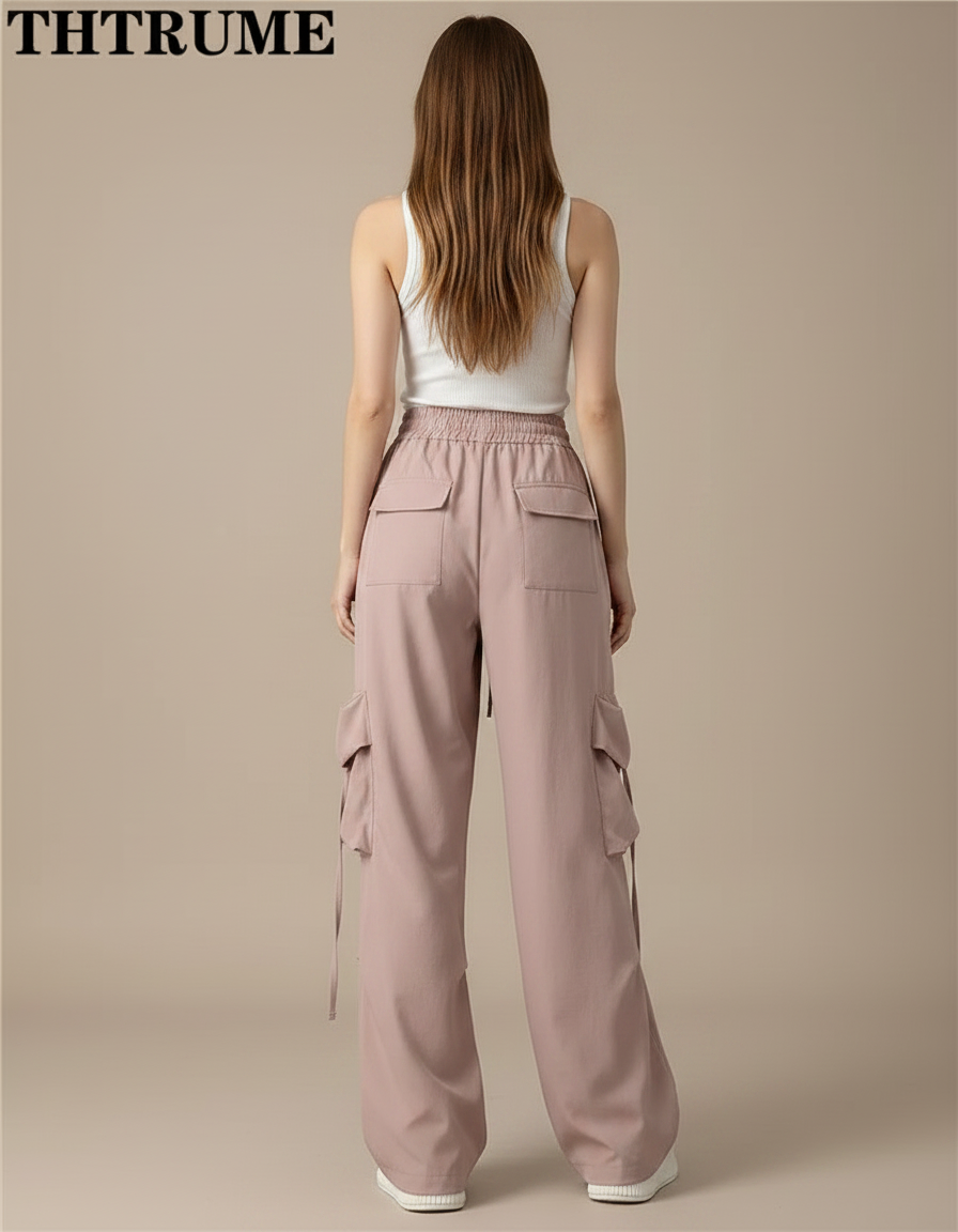 Pantalon Fluide Cargo Rose Ample Taille Haute - Polyester - vue 2