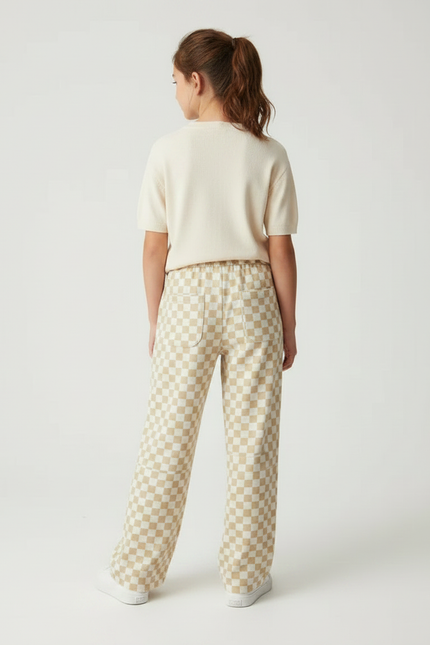 Pantalon Fluide Carreaux Beige Ample Décontracté Enfant - Maille - vue 2