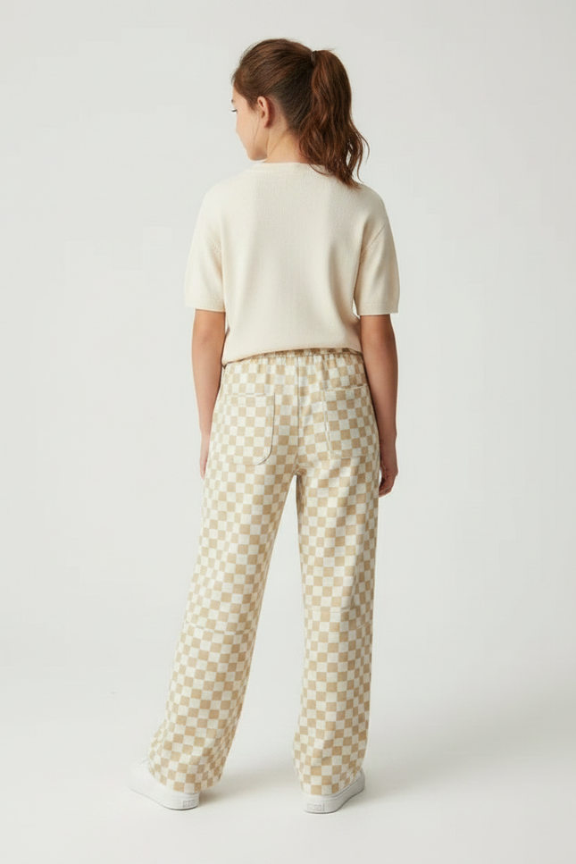 Pantalon Fluide Carreaux Beige Ample Décontracté Enfant - Maille - vue 2