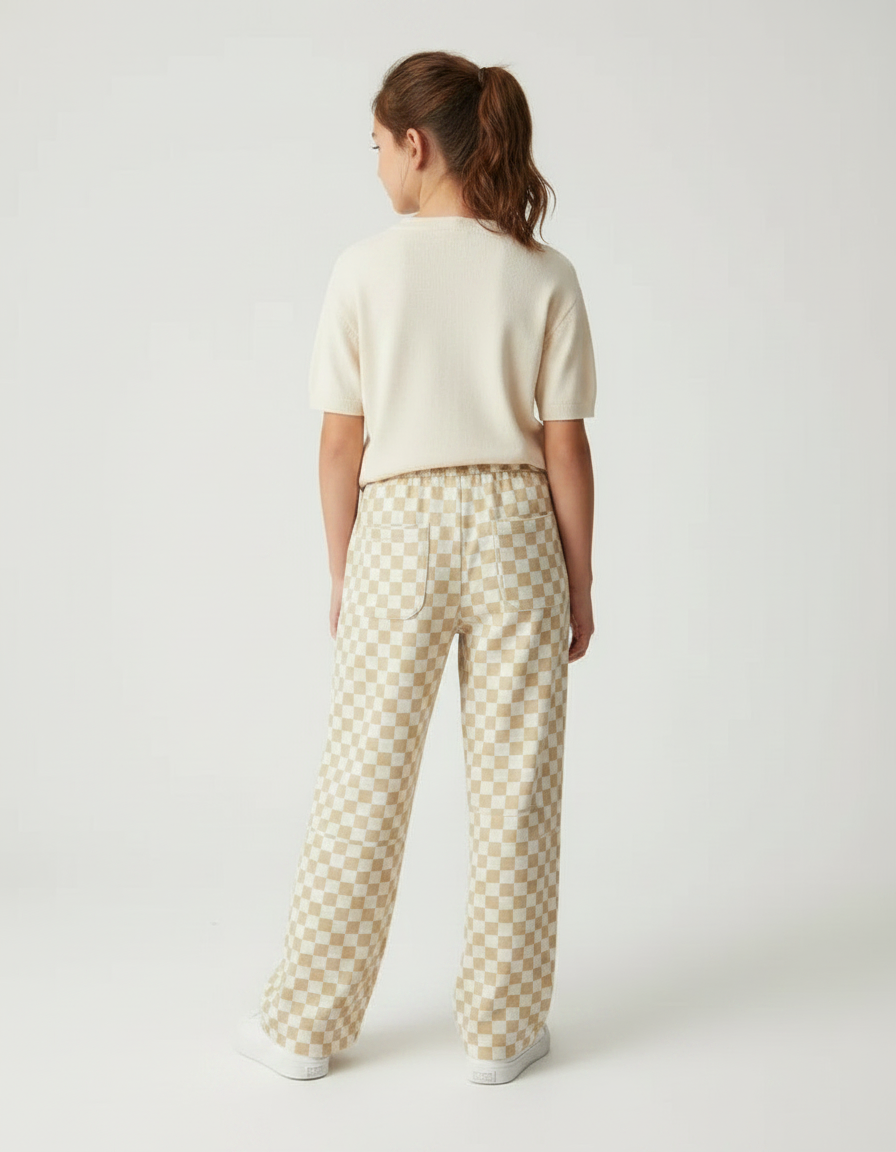 Pantalon Fluide Carreaux Beige Ample Décontracté Enfant - Maille - vue 2