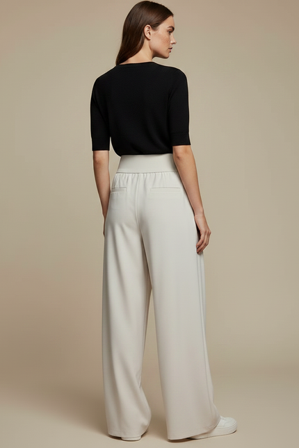 Pantalon Fluide Écru Ample Taille Haute Décontracté - Beige Polyester - vue 2